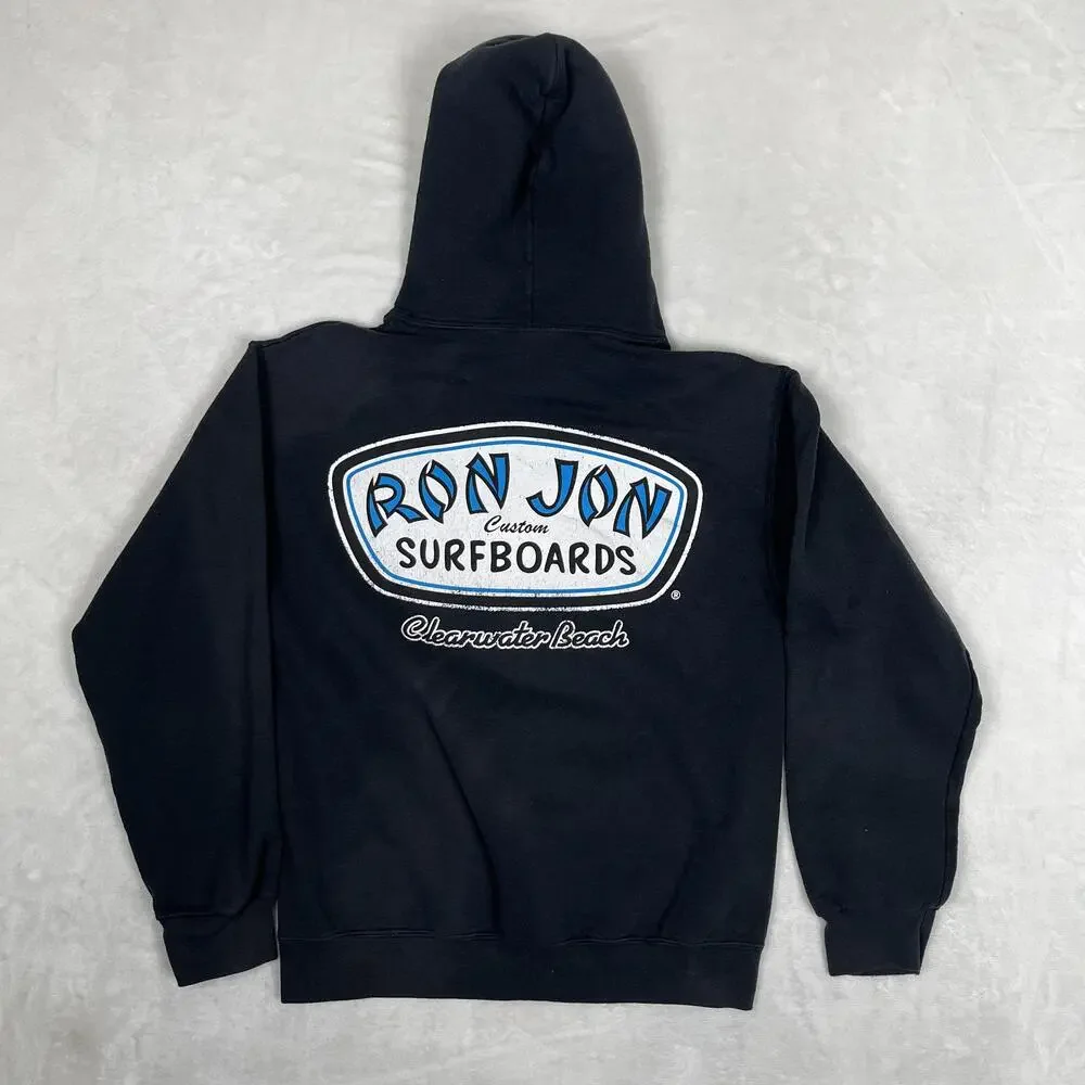 VTG Ron Jon Surf Shop Hoodie Mens Small Black Fleece Pullover Sweatshirt Surf